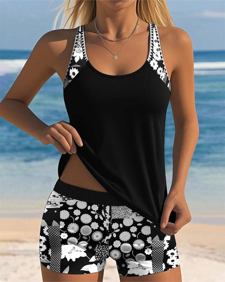 Comfortable women's floral print racerback tankini swimsuit with boyshorts, ideal for active summer days.