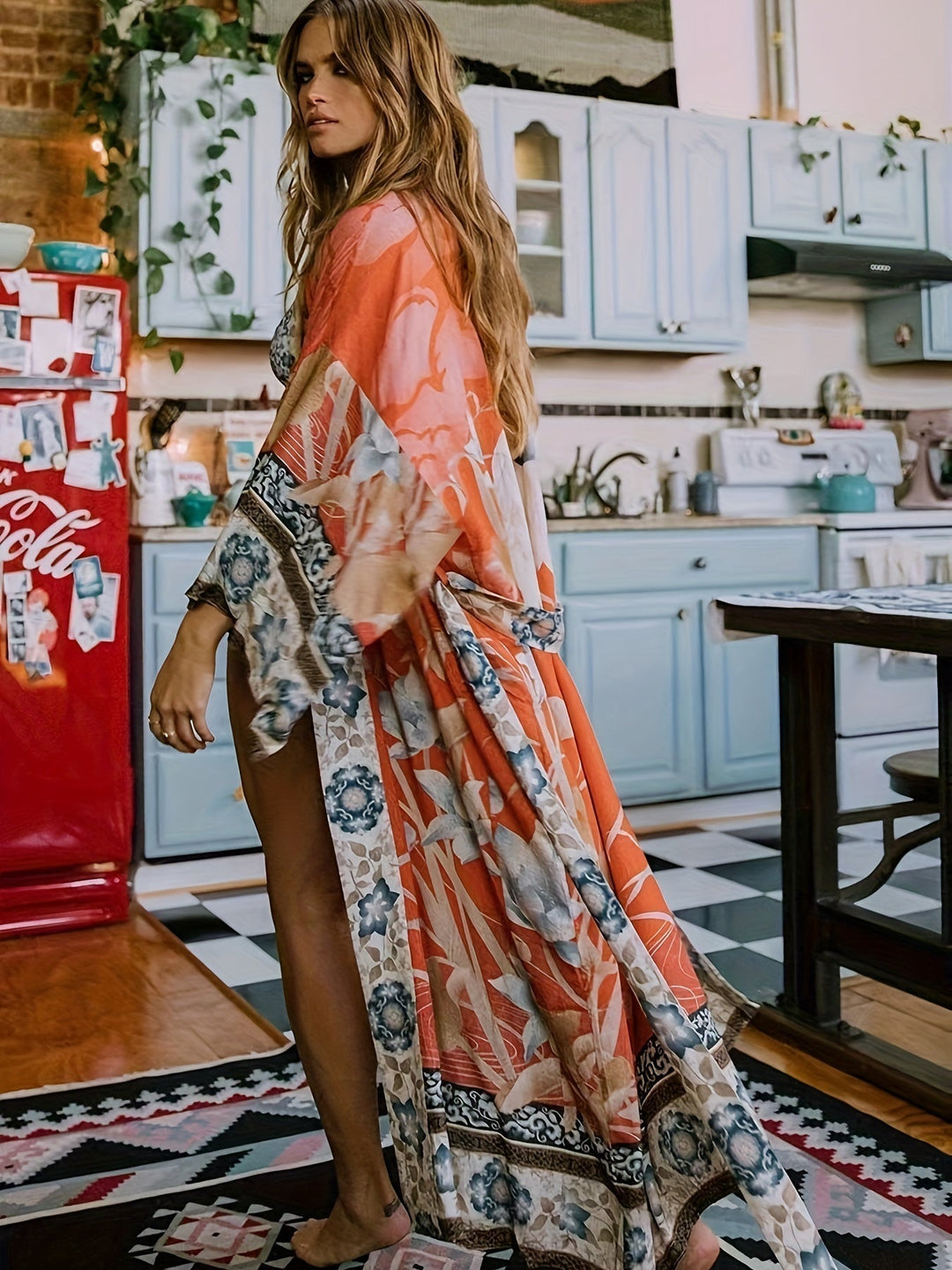 Women's floral print resort kimono, lightweight beach cover-up for vacation fashion.