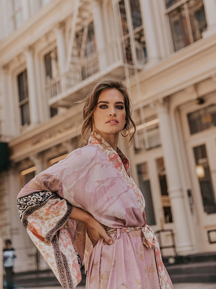 Womens floral print kimono, lightweight resortwear beach cover-up for sunny travel.