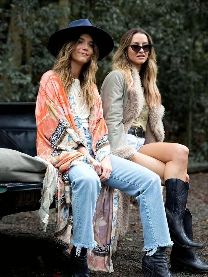 Vibrant floral print women's kimono, elegant resort and beach cover-up style.