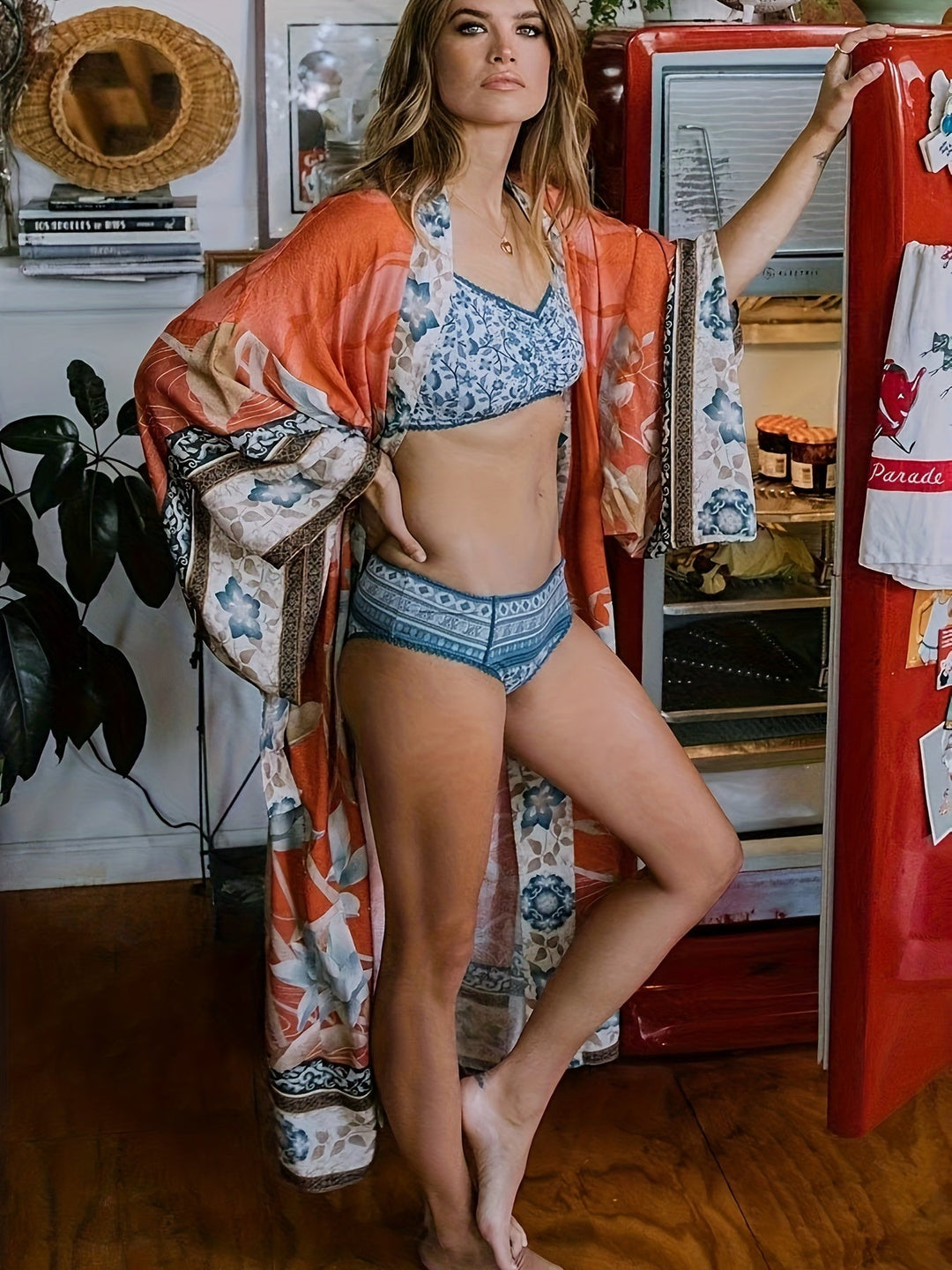 Lightweight women's floral kimono, ideal for beach, resort, or vacation styling.