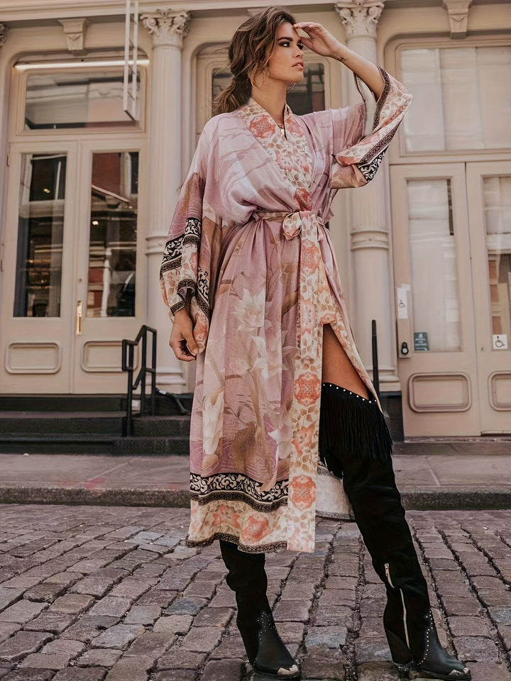 Chic women's flower print kimono, versatile resort cover-up for sunny vacations.