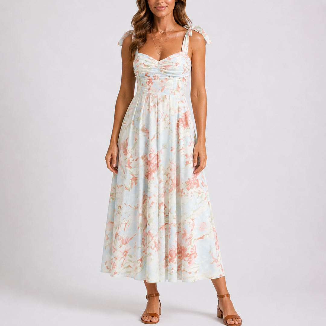 Women's floral print ruched midi dress. Perfect A-line summer style with tie shoulders, ideal for vacation.