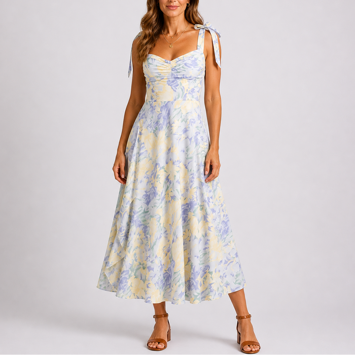 Elegant women's floral midi dress with ruched details & adjustable tie straps. Perfect A-line for spring/summer.