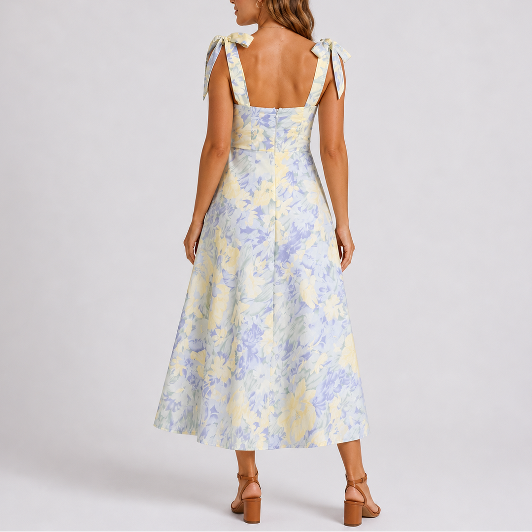 Flowy women's floral print ruched midi dress. Stylish A-line design with tie shoulders, great for summer vacation.