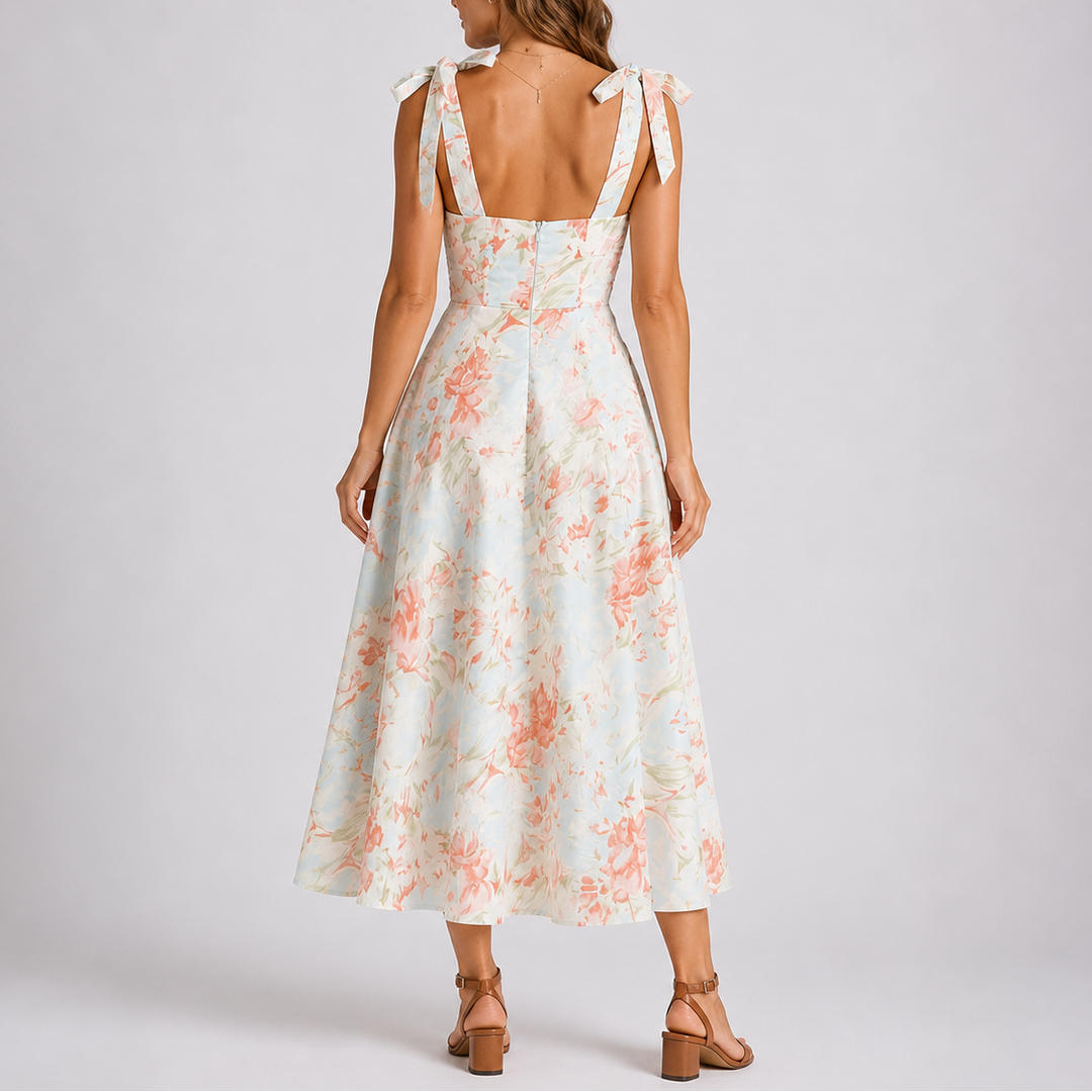 Women's summer floral print ruched midi dress featuring adjustable tie-shoulder straps & A-line cut for elegance.
