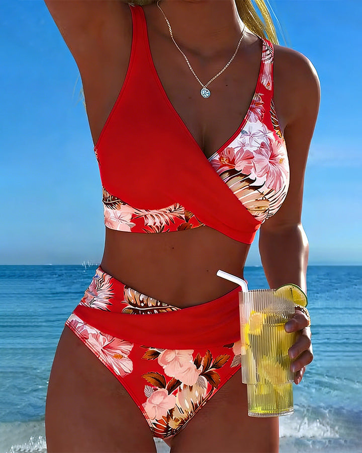 Floral print split bikini set for women, stylish two-piece summer swimsuit for vacation.
