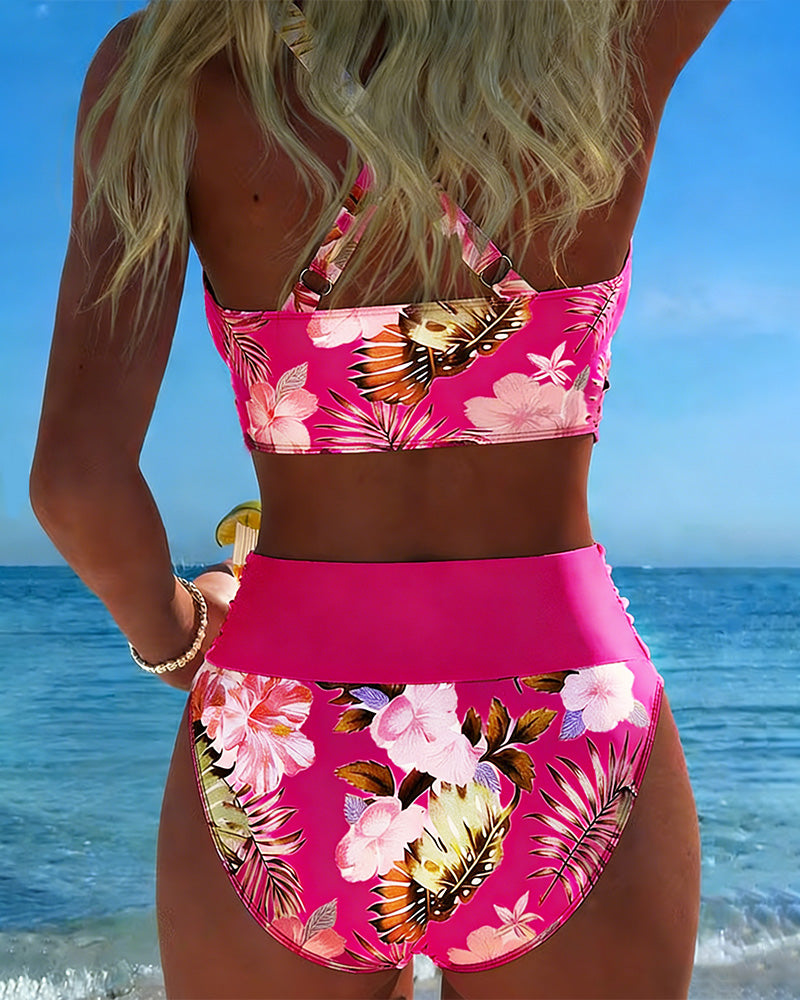 Stylish women's floral print split bikini, a fashionable two-piece swimsuit for vacation.