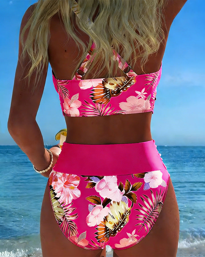 Stylish women's floral print split bikini, a fashionable two-piece swimsuit for vacation.