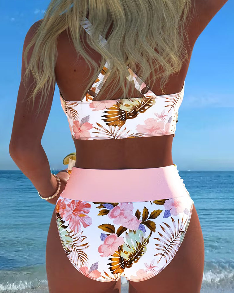 Vibrant floral print bikini set for women, perfect two-piece swimsuit for vacation.