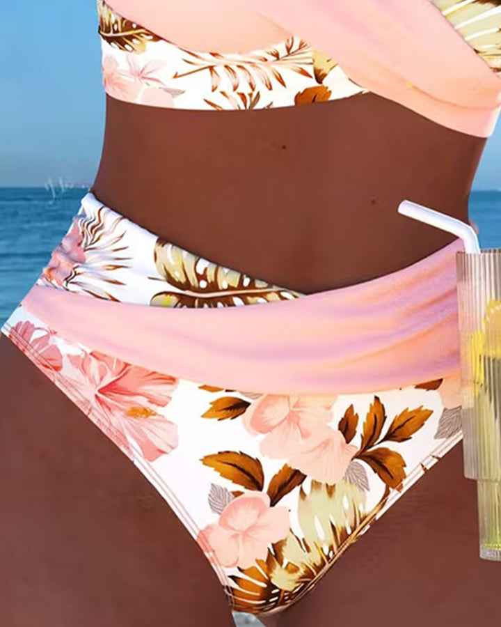 Stylish women's split two-piece bikini with beautiful floral print, trendy beachwear.