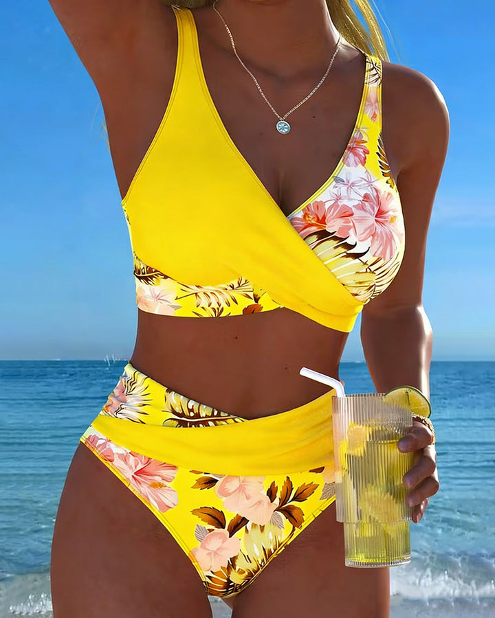 Elegant floral print two-piece swimsuit for women, comfortable and stylish beachwear.