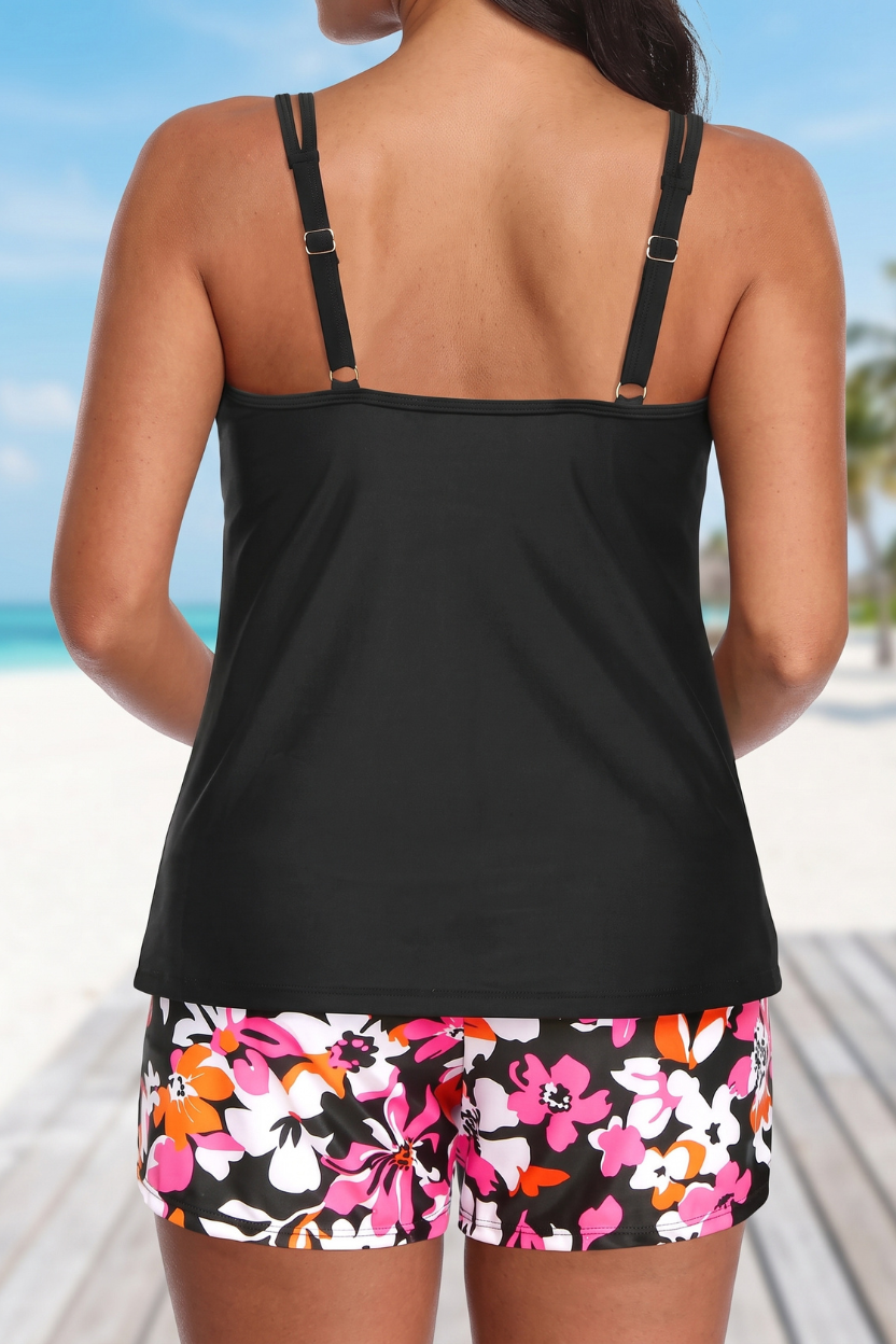 Versatile women's floral tankini set featuring a stylish top & comfortable swim shorts for resort wear.