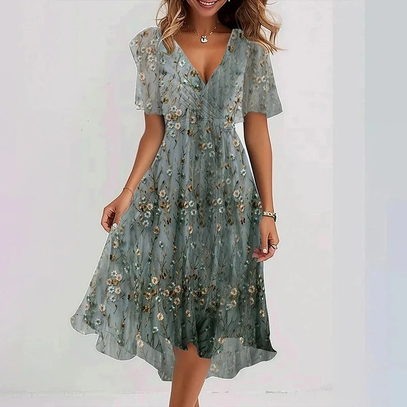 Feminine women's V-neck wrap midi dress, floral print flutter sleeves. Perfect casual elegant summer dress.