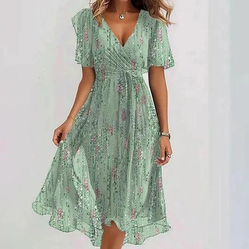 Feminine V-neck wrap midi dress with delicate flutter sleeves and a stylish ruffle hem. Perfect for vacation.