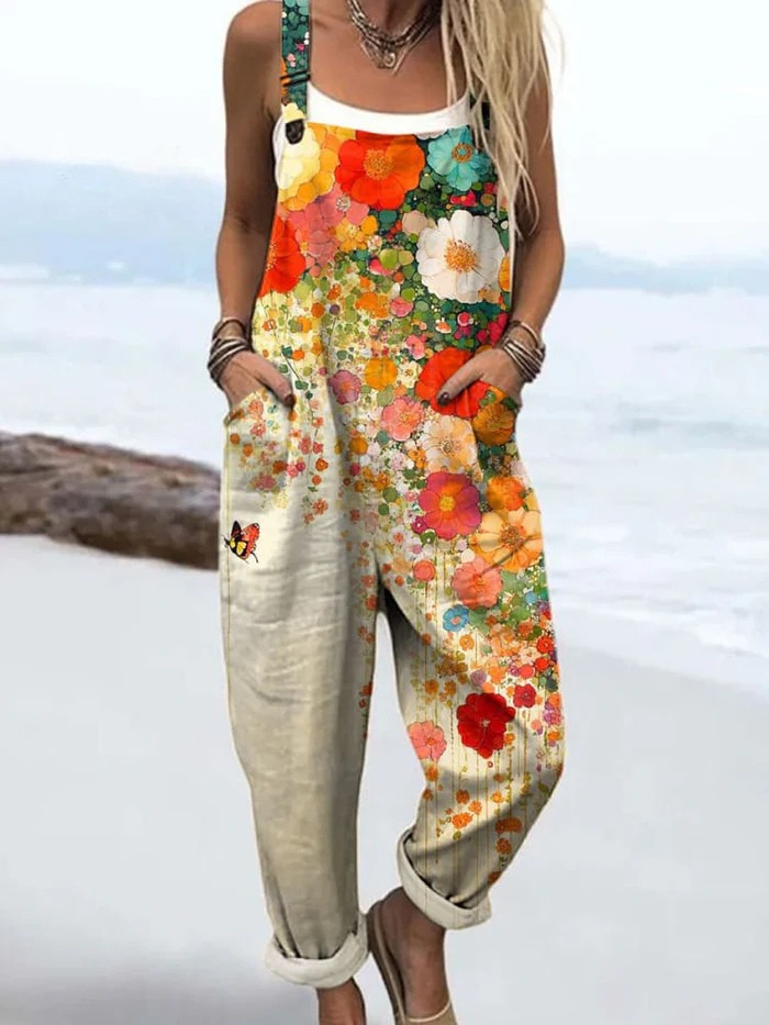 Women's floral printed sleeveless casual jumpsuit. Ideal for summer, vacation, or a boho chic look. Comfortable & relaxed fit.