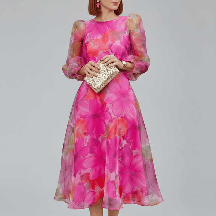 Women's floral puff sleeve A-line midi dress, perfect for wedding guests & summer parties. Elegant occasion wear.