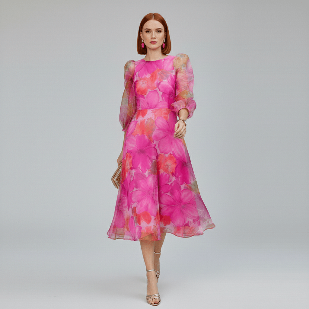 Elegant women's floral print midi dress with puff sleeves & A-line cut. Ideal for wedding guests & summer events.