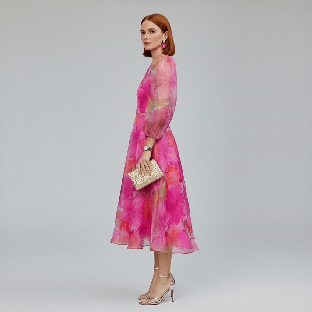 Feminine A-line midi dress with floral pattern & puff sleeves. Stylish choice for wedding guests & formal occasions.