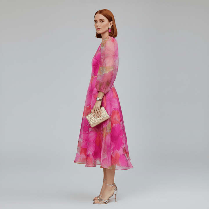 Feminine A-line midi dress with floral pattern & puff sleeves. Stylish choice for wedding guests & formal occasions.