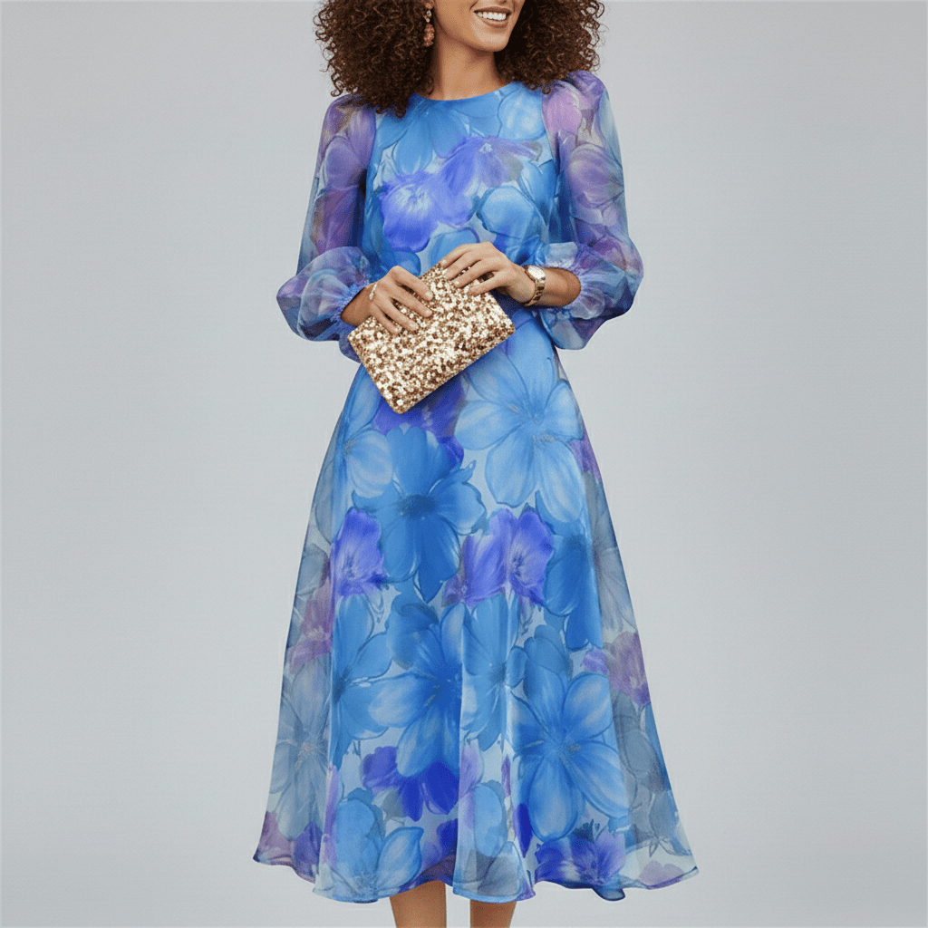 Romantic women's floral puff sleeve midi dress, A-line silhouette. Versatile for wedding guests & summer parties.