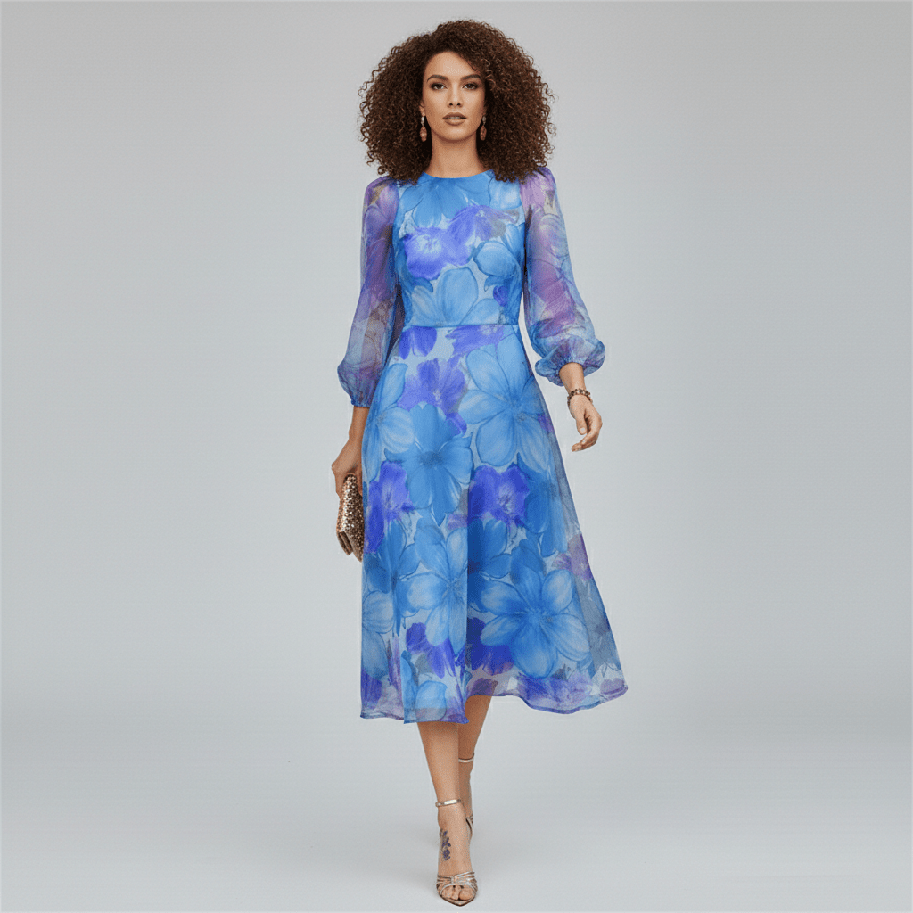 Chic women's floral A-line midi dress with puff sleeves. Elegant fit for wedding guests, parties & summer wear.
