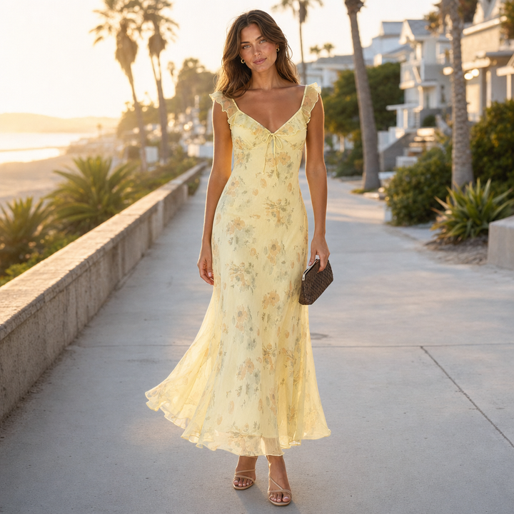 Elegant women's floral summer beach dress, sleeveless & backless, ideal for casual wear.