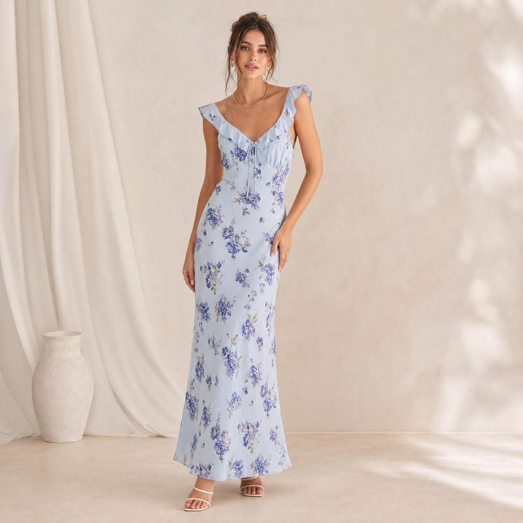 Lightweight women's sleeveless floral summer dress, backless, perfect for beach casual wear.