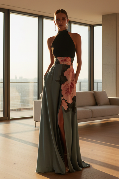 Elegant women's sleeveless maxi dress featuring a beautiful floral pattern, perfect for beach days or parties.