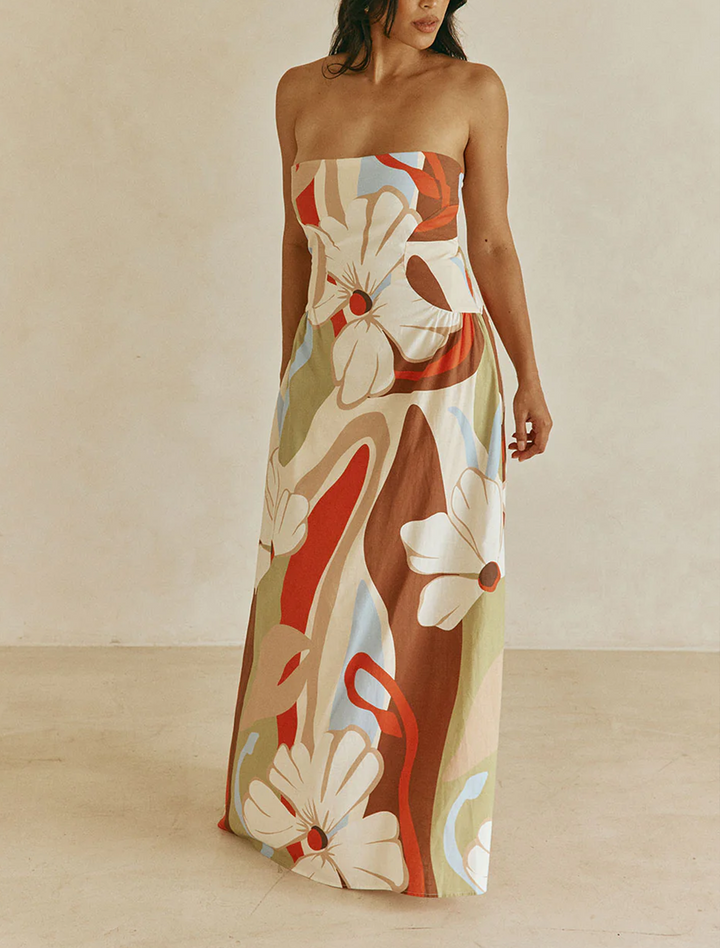 Boho chic women's floral printed maxi dress, strapless A-line for summer garden parties.