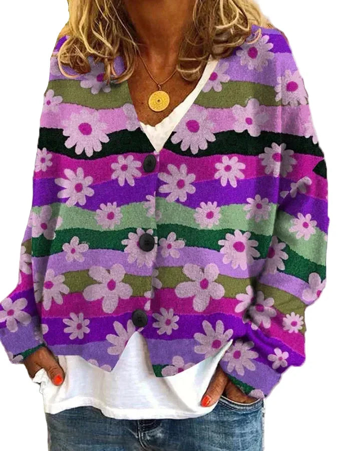 Women's floral stripe button-up cardigan. Chic, relaxed fit, colorful sweater for versatile layering and casual wear.
