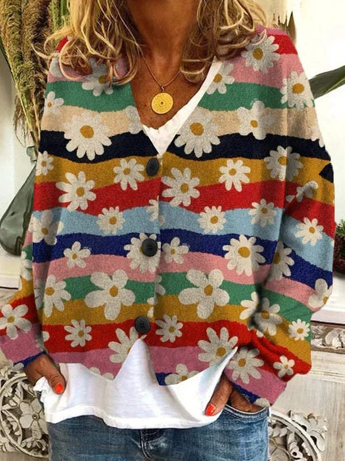 Vibrant floral stripe women's cardigan. Effortlessly chic button-up, perfect statement piece for spring & fall fashion.