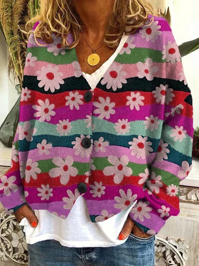 Relaxed fit women's cardigan featuring a unique floral stripe pattern. Casual button-up for stylish layering.