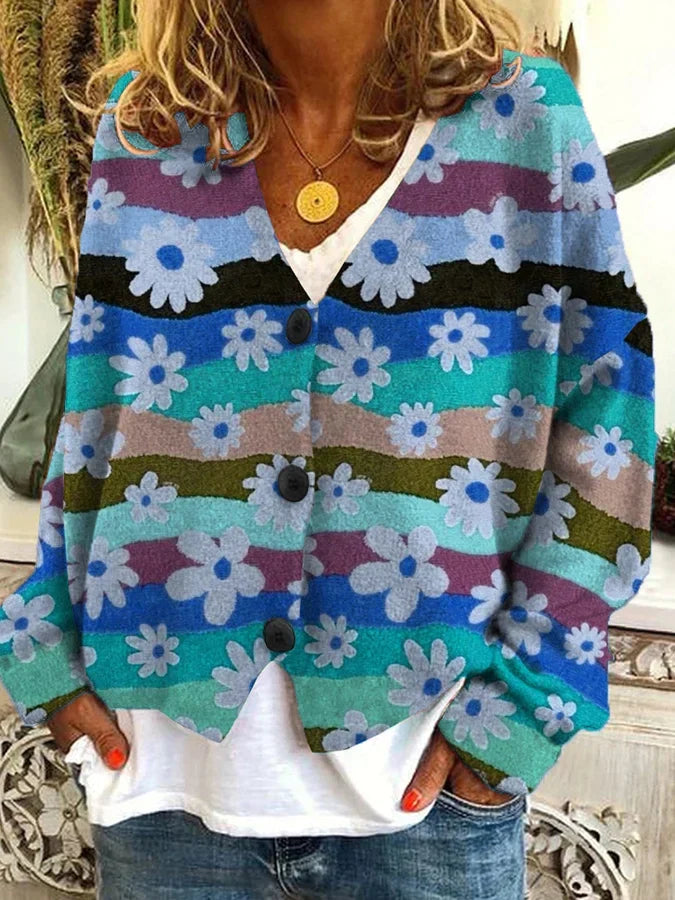 Versatile women's button-up cardigan with a beautiful floral stripe design. Ideal layering top for any season.