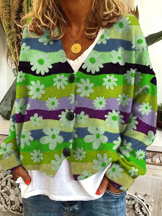 Comfortable, colorful floral stripe cardigan for women. A chic, relaxed fit button-up sweater for everyday style.
