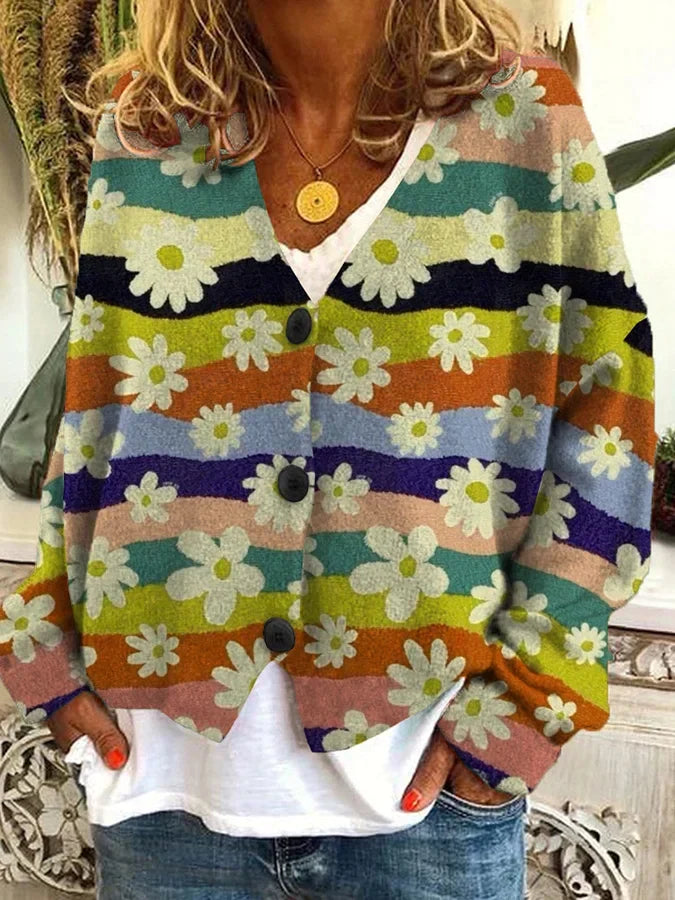 Make a statement with this floral stripe women's button-up cardigan. Perfect casual wear or layering piece.