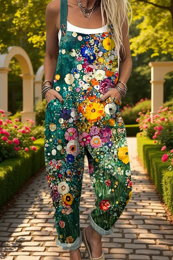 Women's floral suspender jumpsuit with relaxed fit, perfect for casual spring/summer wear & vacation.
