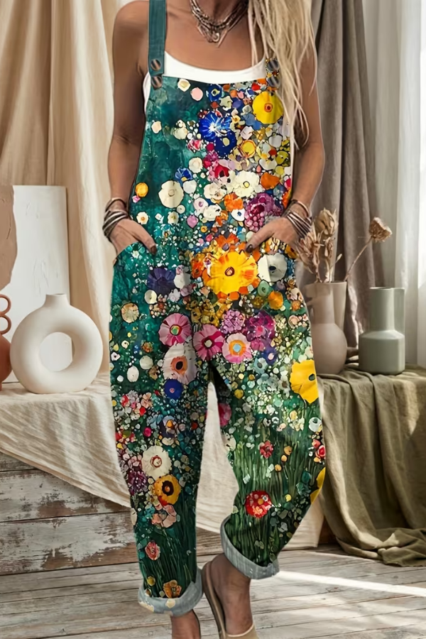 Relaxed fit women's floral jumpsuit, ideal casual suspender outfit for effortless spring & summer style.