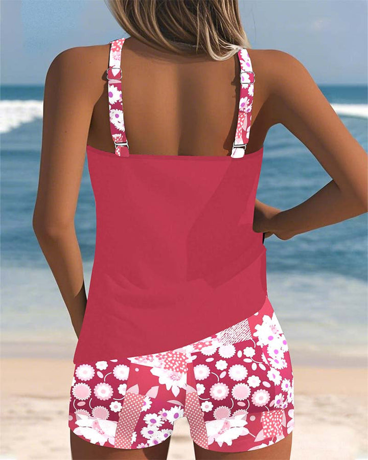 Comfortable women's floral tankini & shorts set. Stylish two-piece swimwear for summer beachwear.