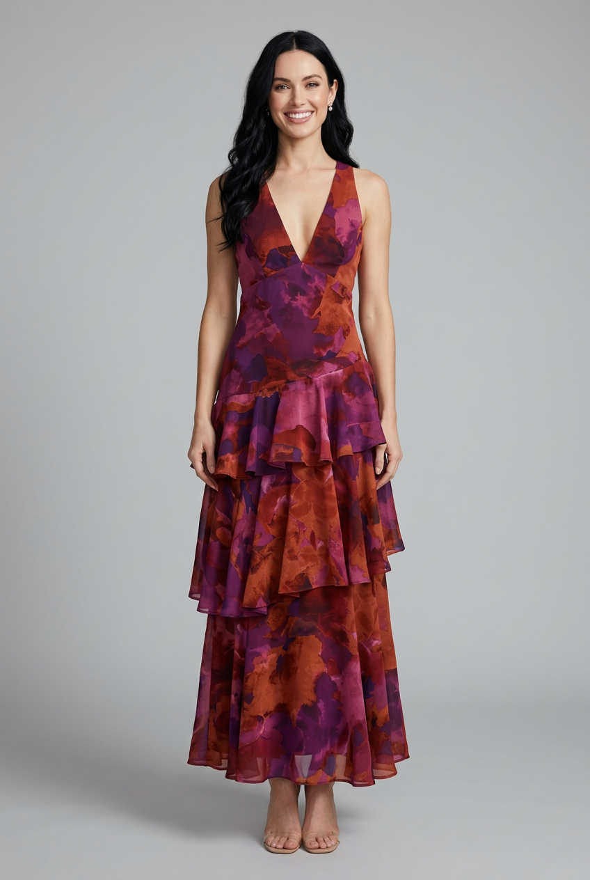 Women's floral tiered maxi dress with v-neck, perfect for effortless summer style & vacation wear.