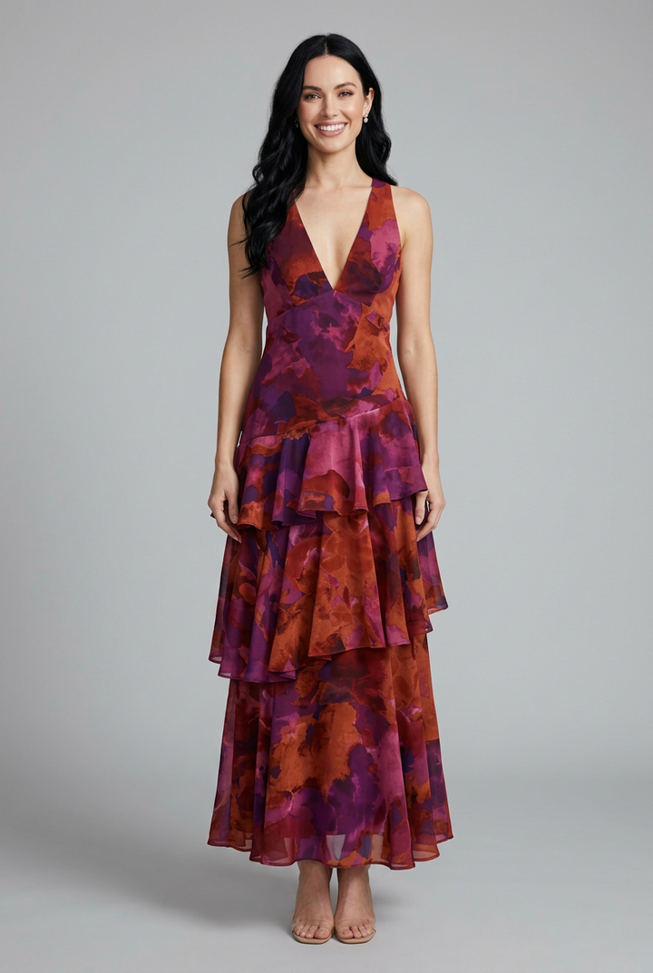 Women's floral tiered maxi dress with v-neck, perfect for effortless summer style & vacation wear.