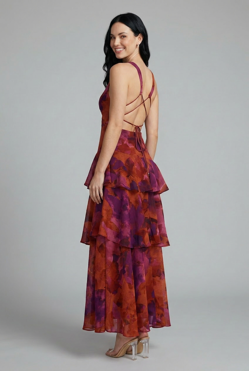 Elegant flowy floral maxi dress for women, sleeveless and tiered, ideal for summer casual or vacation.