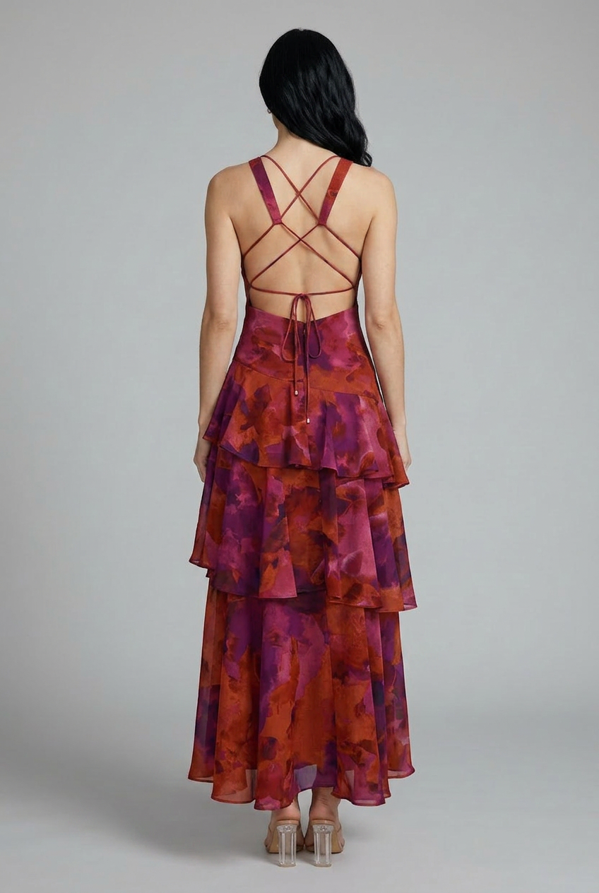 Sleeveless V-neck floral tiered maxi dress for women, a comfortable and stylish summer fashion choice.