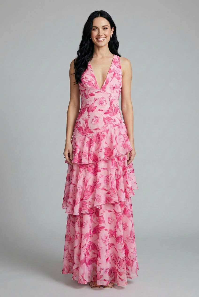 Flowy women's tiered maxi dress with vibrant floral print, v-neck, and sleeveless design for summer elegance.
