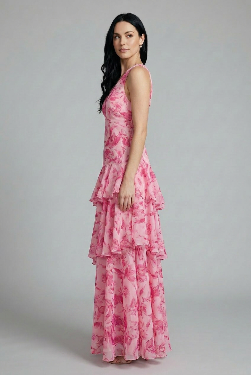 Casual elegant women's floral tiered maxi dress, a sleeveless V-neck summer dress for effortless vacation wear.