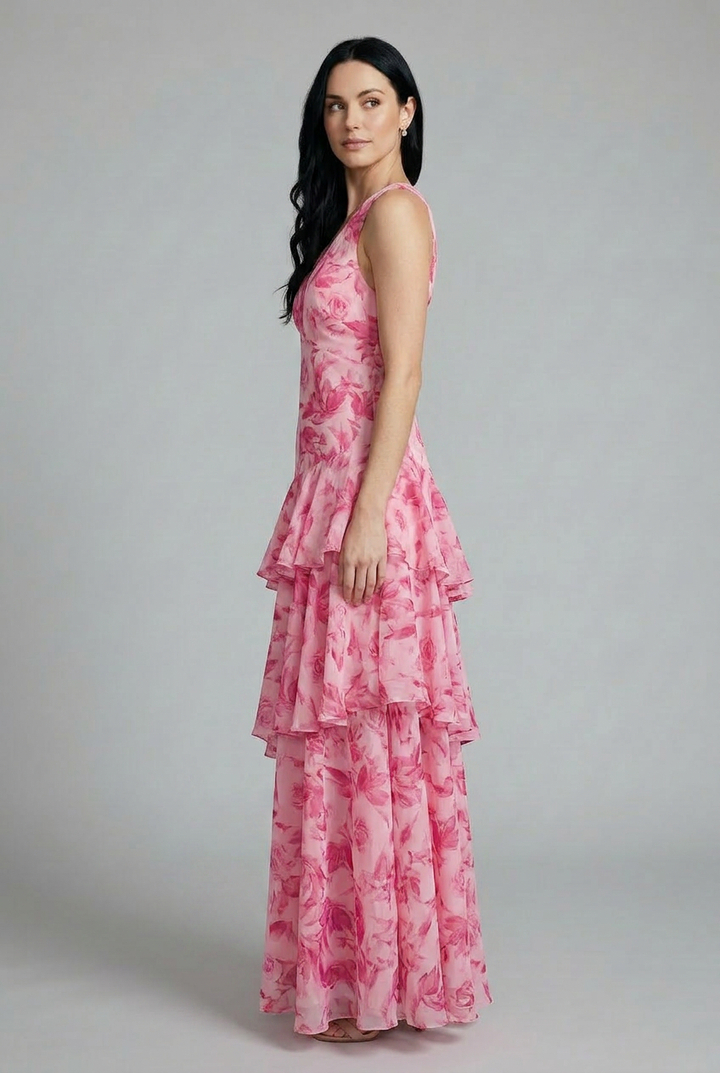 Casual elegant women's floral tiered maxi dress, a sleeveless V-neck summer dress for effortless vacation wear.