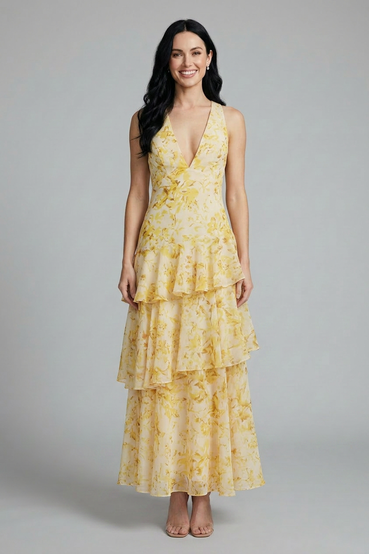 Beautiful women's floral maxi dress, tiered and sleeveless, featuring a flattering V-neck, ideal for summer.