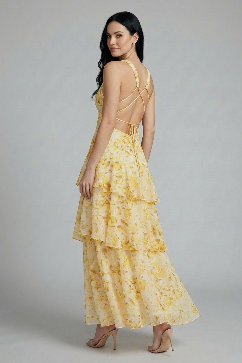 Effortless summer style in a women's floral tiered maxi dress with a v-neck and flowy silhouette.
