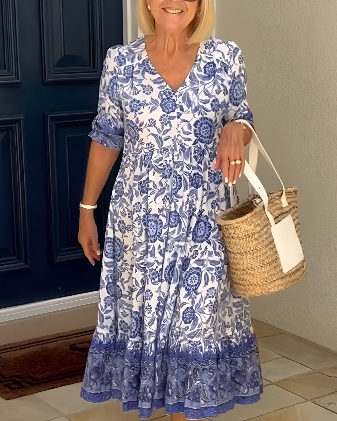 Women's floral V-neck A-line midi dress, perfect for spring & summer casual or elegant wear.