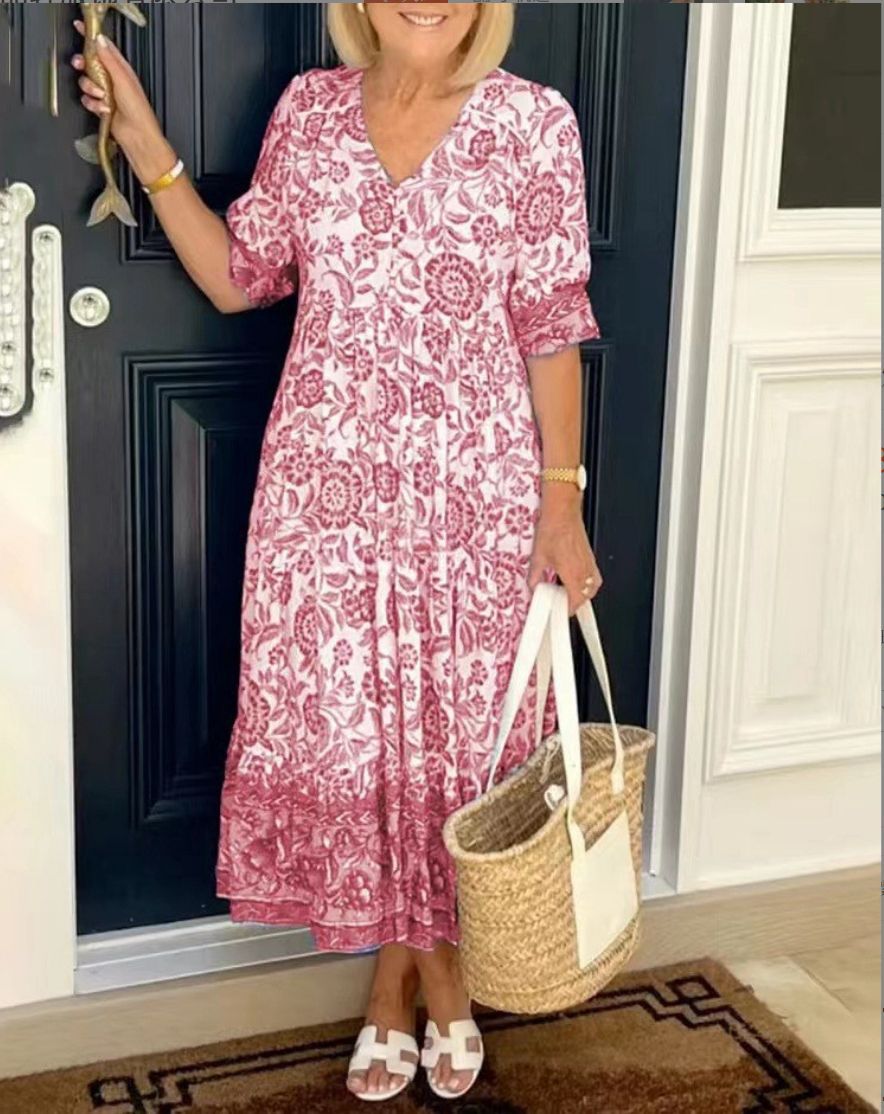 Elegant & comfortable women's floral A-line V-neck dress, great for daytime events and summer fashion.